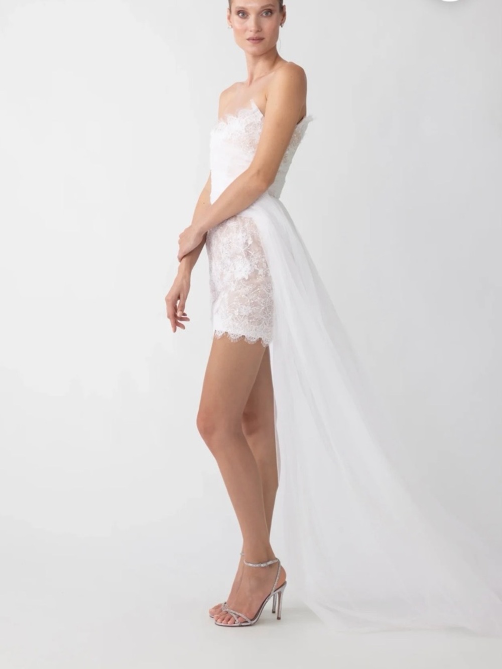 Sau Lee Strapless White Lace Mini Dress with Tulle Sash - Bridal - Picture 3 of 5